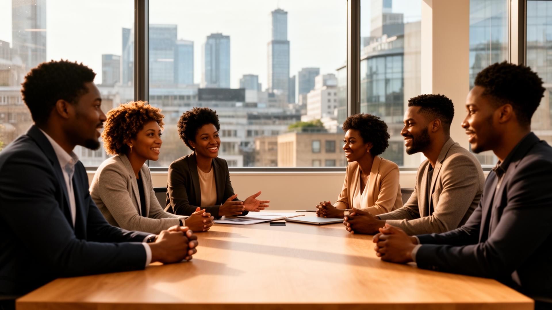 Black professionals collaborating in a modern workspace